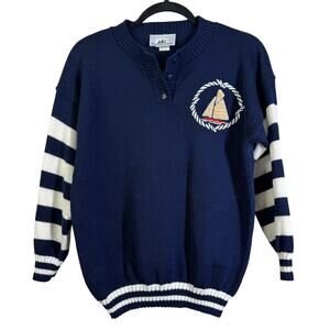 VINTAGE Bay Point Threads Sweater Medium Embroidered Sailboat Nautical Fisherman
